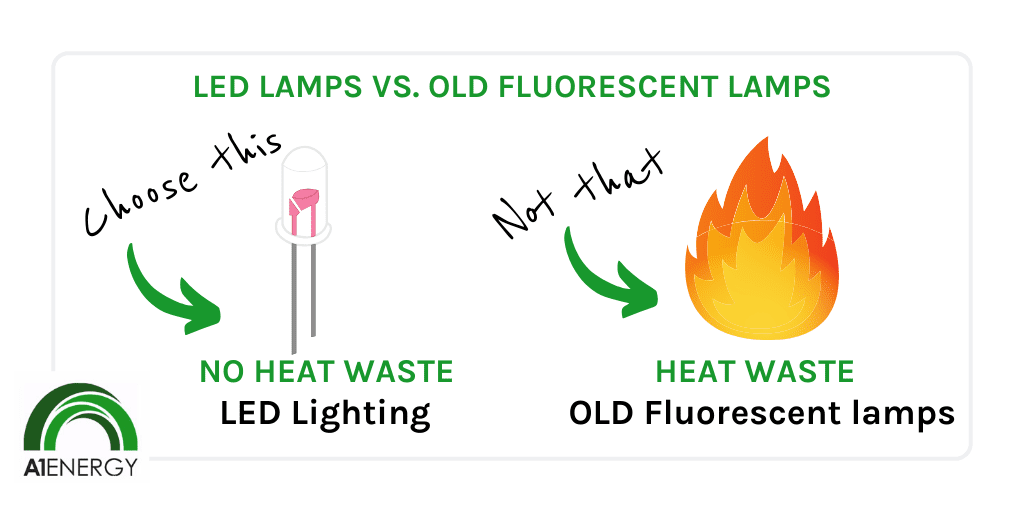 Heat comparison for LED lamps vs old fluorescent lamps